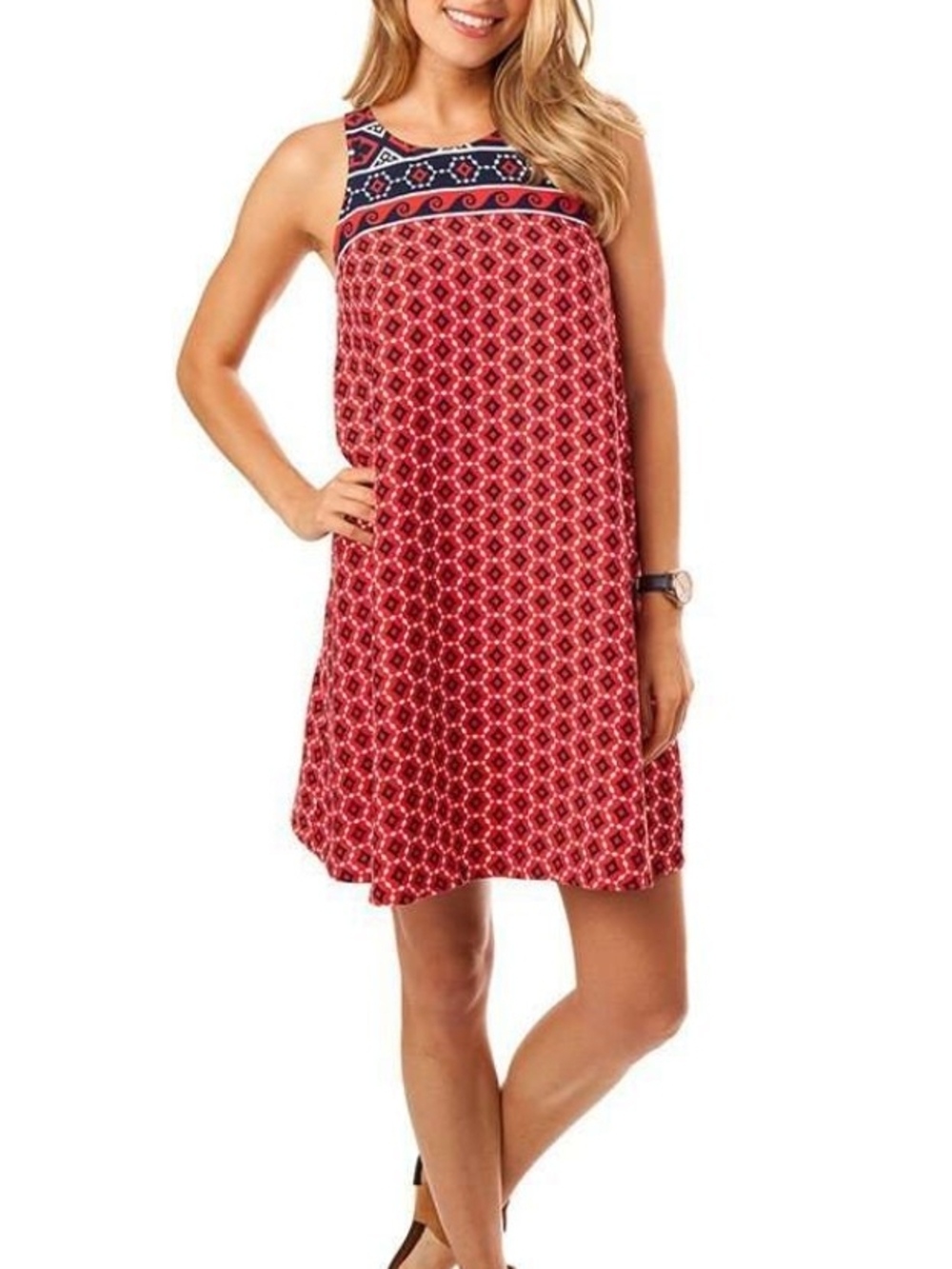 NWT Southern Tide Peyton Sleeveless Swing Dress In Cayenne with Navy Trim Sz XS